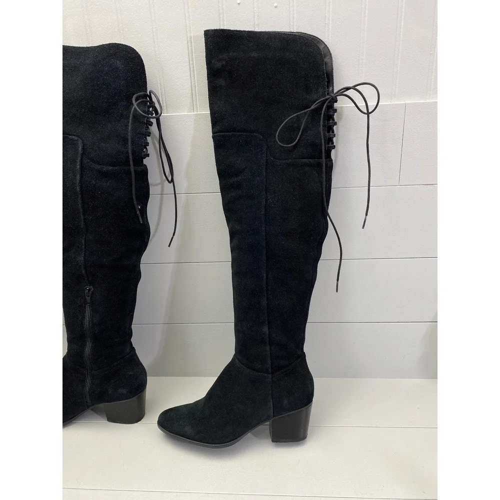 Aldo Suede Over The Knee Boots Women Size 8 Black Lace Up Block Heel OTK